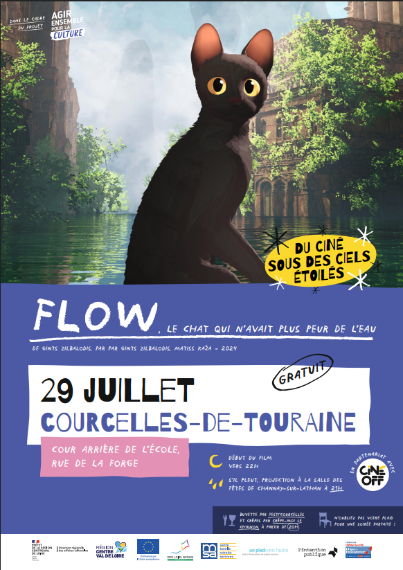 Affiche officielle de Flow, le chat qui n'avait plus peur de l'eau, pour la projection à Courcelles-de-Touraine